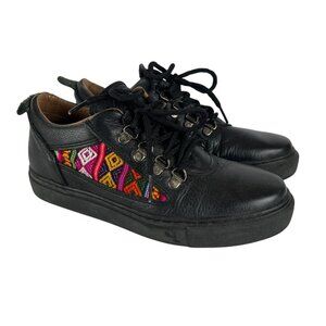 Inkkas Leather Sneaker Shoes Womens 7 Mens 4 Black Embroidered‎ Aztec Multicolor